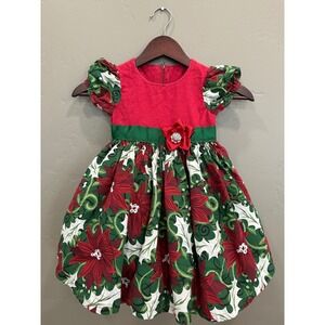 Vtg Christmas Dress Poinsettia Holiday Baby Girl Party Flower 18/24m 2T HandMade